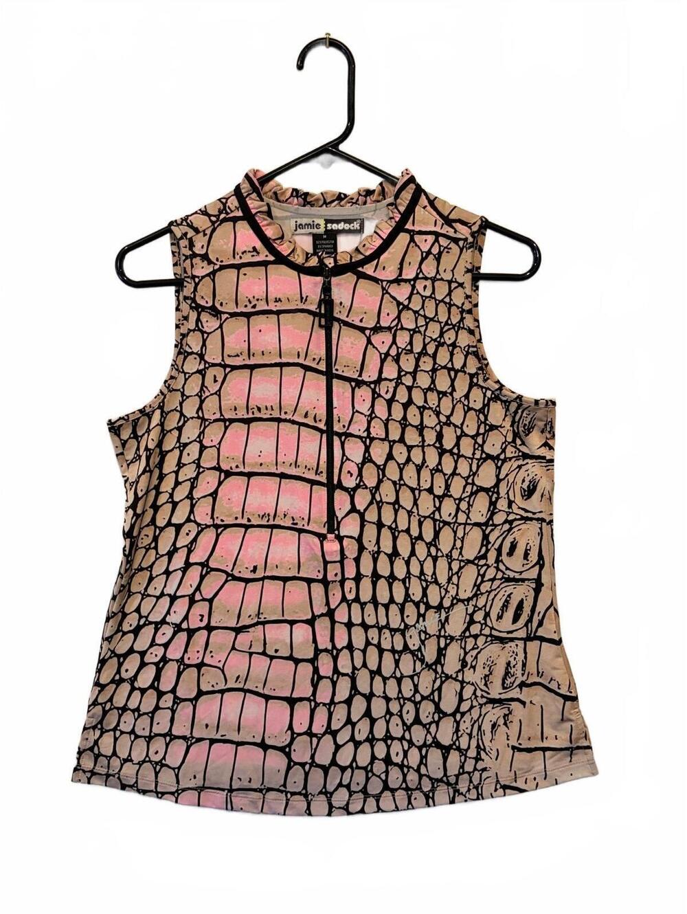 Jamie Sadock Womens M Sleeveless Golf Top Pink Croc Print 1/4 Zip Ruffle Collar